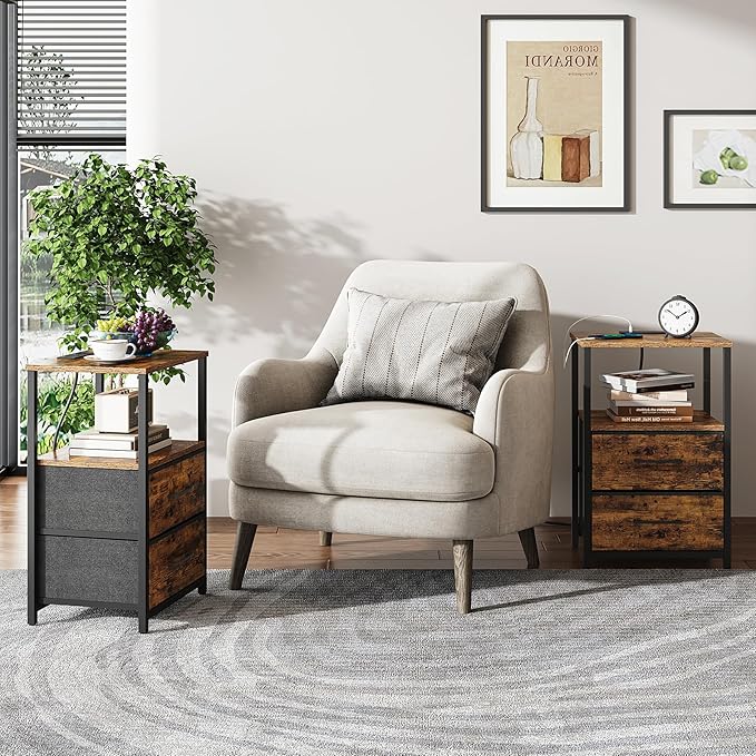 TUTOTAK End Table with Charging Station, Side Table with 2 USB Ports and Outlets, Nightstand with Cloth Drawer, Set of 2, Couch Table, Brown TB01BB052 | with Cloth Drawer