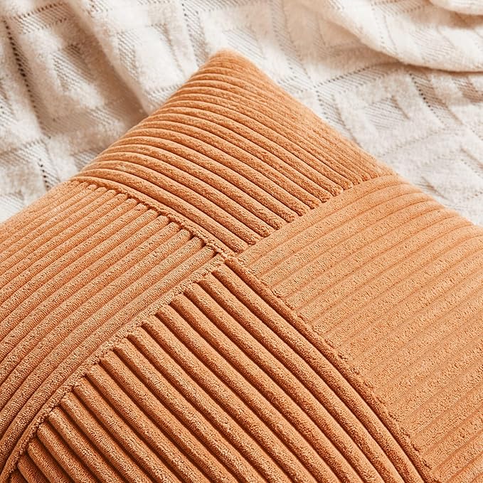 Fancy Homi Set of 4 Boho Fall Decorative Throw Pillow Covers 18x18 Inch for Couch Bed Sofa Bedroom, Modern Farmhouse Home Decor, Soft Cross Striped Corduroy Patchwork Colorful Cushion Case 45x45cm