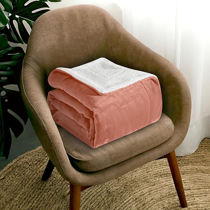 Mocassi Premium Ultra-Soft Flannel Fleece Sherpa Throw Blanket - Warm Cozy Reversible Plush Micromink Blanket for Couch, Bed and Sofa - Fluffy, Christmas Winter Bedding Gift, Queen, Coral