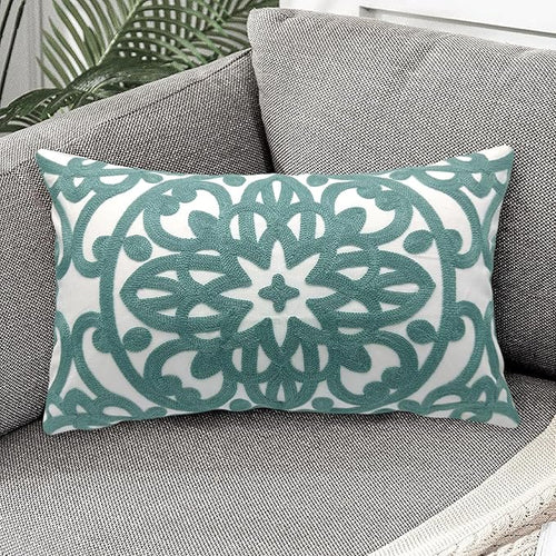 Alysheer Embroidered Lumbar Decorative Throw Pillow Cover 12"x 20", Classic Boho Mandala Embroidery Pattern Cotton Farmhouse Rectangular Cushion Case for Sofa Couch Living Room Bedroom(Dusty Blue)