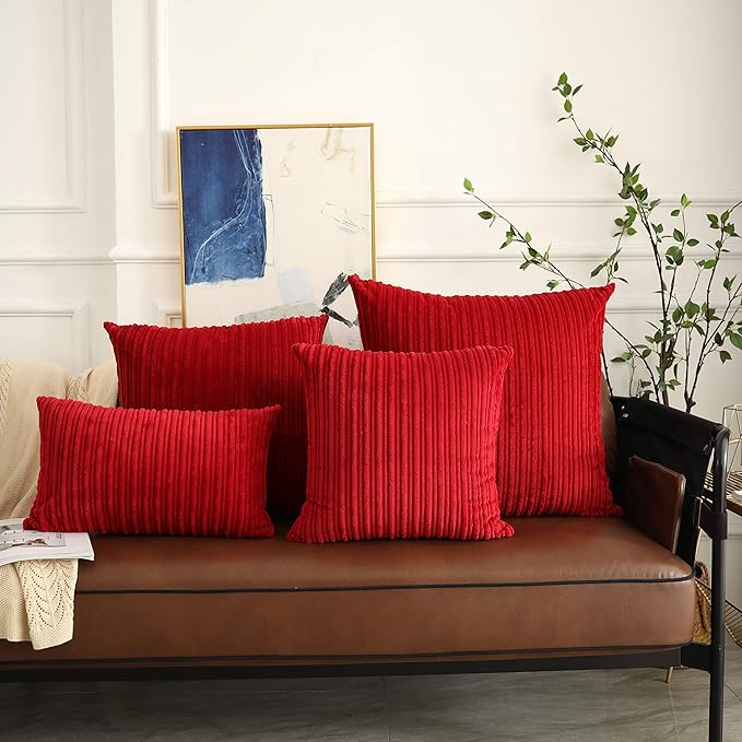 UGASA Pack of 2 Christmas Velvet Pillow Covers Striped, Soft Textured Throw Cushion Accent Corduroy Lumbar Hidden Zipper for Home Decor Indoor (12"x20", Burgundy)