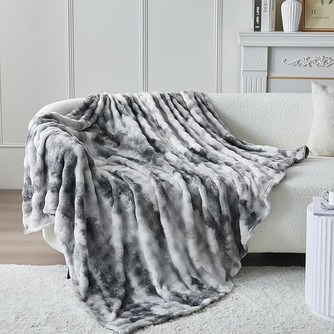 3D Bubble Plush Blanket Textured Fleece Throw Soft Warm Cozy Blanket Couch Bed Tie Dye Grey 50x60 Inches
