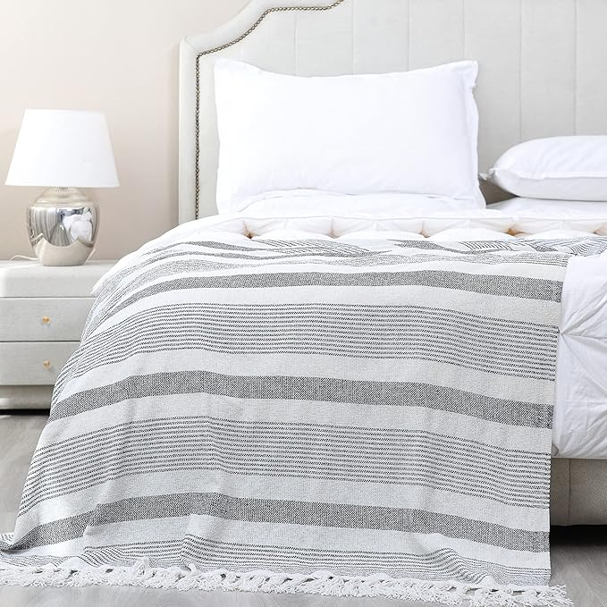 Decorative Black White Striped Throw with Fringe, Soft Chenille Knitted Farmhouse Lightweight Blanket with Tassels for Couch Sofa Chair Bed Office Home Décor, Black and Ivory, 50" x 60"