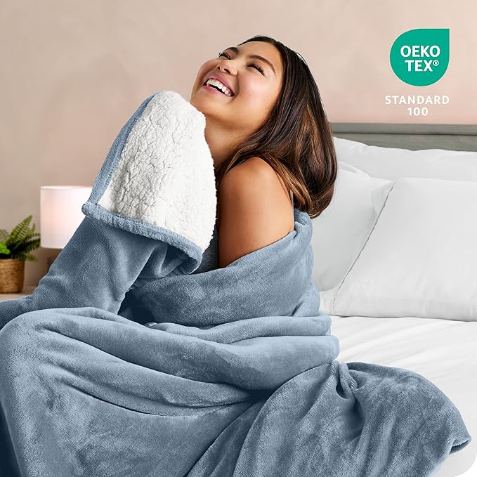 Bare Home Sherpa Fleece Blanket - Throw/Travel Size - Blanket for Bed, Sofa, and Couch - Warm & Lightweight - Fluffy & Soft - Reversible (Throw/Travel, Dusty Blue)