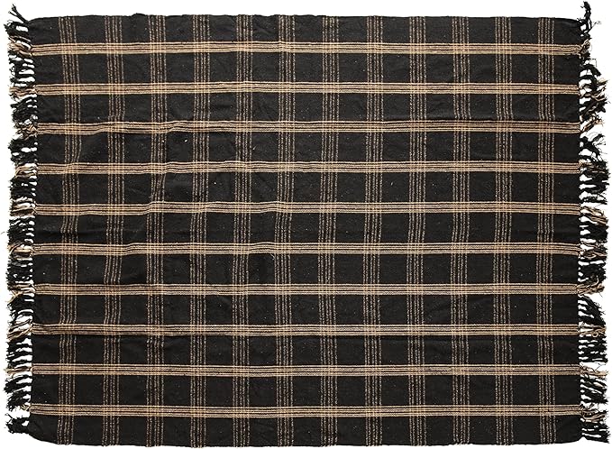 Plaid Black & Tan Fringed Woven Cotton Blend Throw