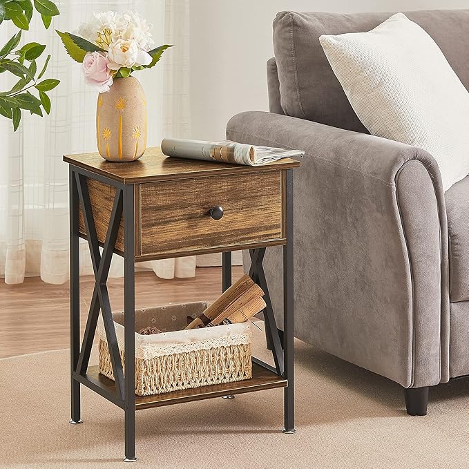 VECELO Nightstands Set of 2, Modern Bedside End Tables, Night Stands with Drawer and Storage Shelf for Living Room Bedroom, Industrial Metal Frame