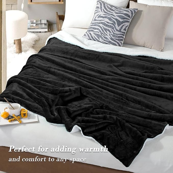 Mocassi Premium Ultra-Soft Flannel Fleece Sherpa Throw Blanket - Warm Cozy Reversible Plush Micromink Blanket for Couch, Bed and Sofa - Fluffy, Christmas Winter Bedding Gift, Twin, Black