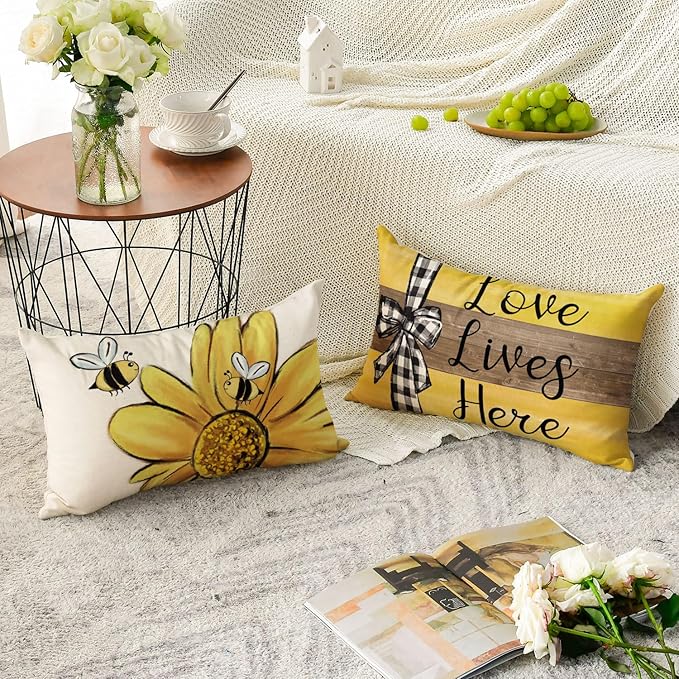 AVOIN colorlife Home Sweet Home Bee Sunflower Throw Pillow Covers, 12 x 20 Inch Love Lives Here Spring Summer Stripes Cushion Case for Sofa Couch Set of 4