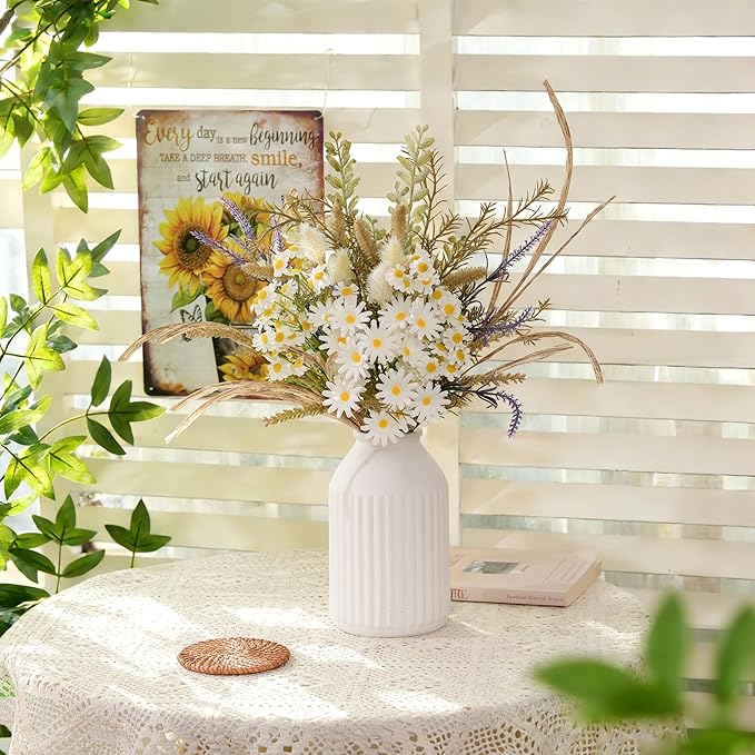 Artificial Flowers with White Ceramic Vase – Spring Farmhouse Floral Centerpiece Table Decorations, Faux Lavender & Daisy Flower Arrangement for Coffee Table, Dining Room, Living Room & Home Decor