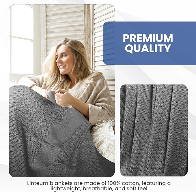 Linteum Textile Supply Leno Weave Light Grey Blanket, Queen 100% Cotton, Lightweight, Warm, Fluffy, Premium and Durable Soft & Cozy Bed Blanket for Home, Couch, Sofa & Dorm, All Season Throw [90x90]