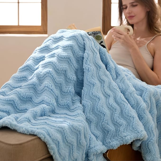 Bedsure 3D Wave Fleece Throw Blanket for Couch - GentleSoft Spring Fluffy Blanket for Sofa Bed Room Decor, Super Cozy Fleece Throw for Women, Warm Cute All Season Gift, 50x60 Inches, Light Blue