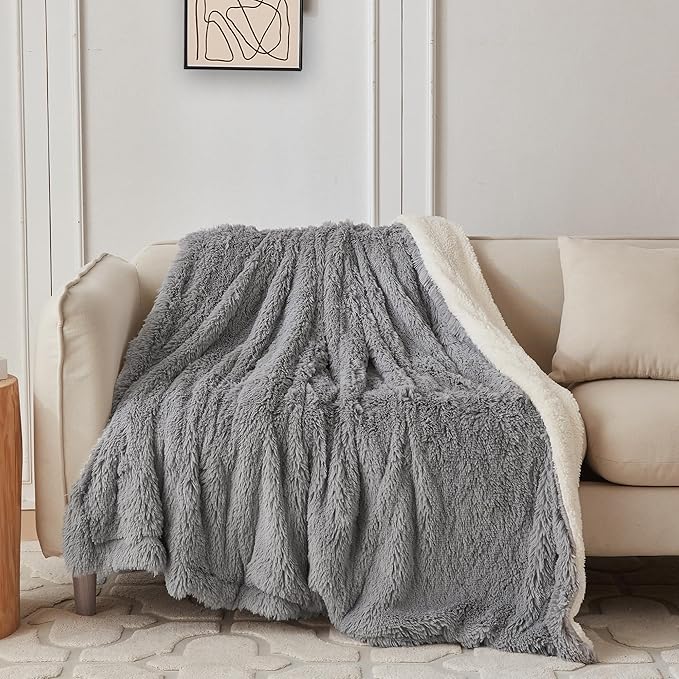 COOVA Ultra Soft Faux Fur Twin Blanket – Fuzzy Fluffy Cozy Microfiber Blankets, Warm Thick Plush Sherpa Fleece Throw Blanket for Couch,Bed,Sofa,Ideal Gift for Women.(Light Grey, 60"x80")