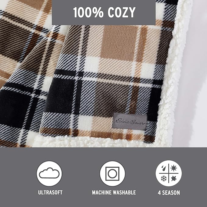 Eddie Bauer - Throw Blanket, Brushed Fleece & Plush Sherpa Bedding, Blanket for Couch & Bed (Rugged Plaid Beige, 50" x 60")