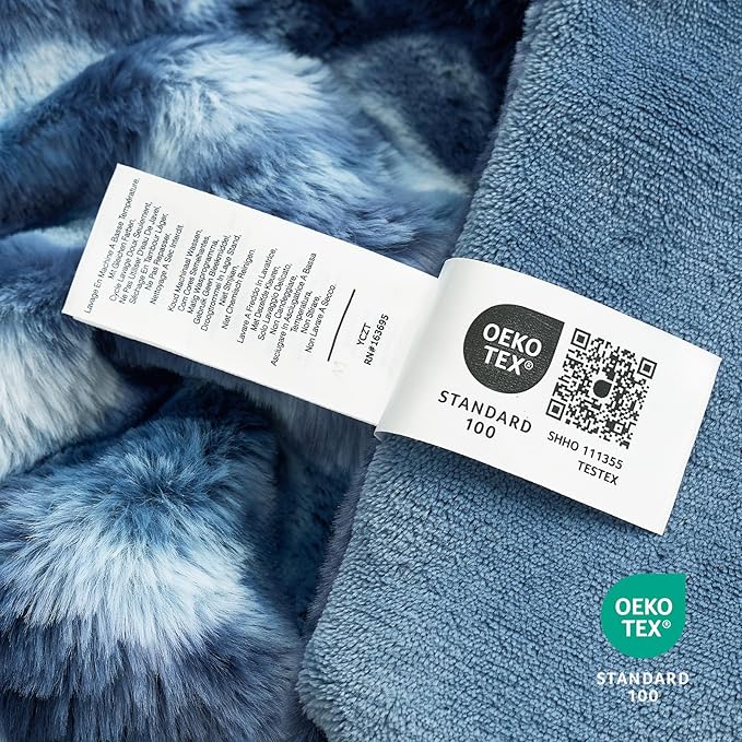 Cozy Bliss Deluxe Striped Rabbit Faux Fur Throw Blanket, Soft Fluffy Warm Plush Blanket for Winter, Modern Homr Decor, Tie-dye Blue 50"x60"