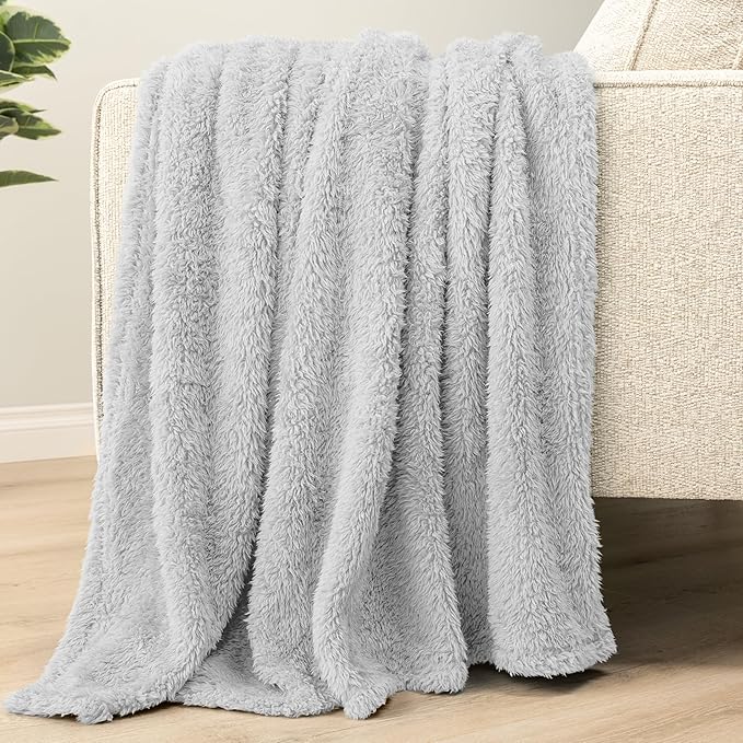 PAVILIA Sherpa Throw Blanket for Couch Sofa, Light Grey Fluffy Warm Plush Blanket for Twin Bed, Cozy Super Soft Lightweight Throw, Fuzzy Decorative Blanket, All Season Home, 60x80