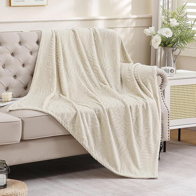 SOCHOW Super Soft Flannel Fleece Throw Blanket, Lightweight Cozy Warm Leaves Textured Plush Blanket for Bed Couch Sofa, 60 x 80 Inches, Linen