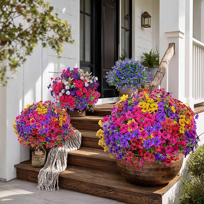Artificial Flowers for Outdoors Fake Plants - 16 Bundles Faux Outside Greenery Boxwood UV Resistant Plastic Shrubs Decor (Mixed)