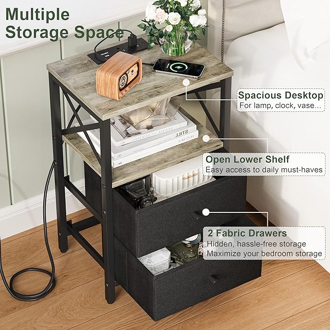 Nightstand Set of 2,Nightstands with Charging Station, Small Bedside Table with Storage, End Table with USB Ports & Outlets,with Fabric Drawers,for Couch, Bedroom(Natural Greige) LET105QK-2