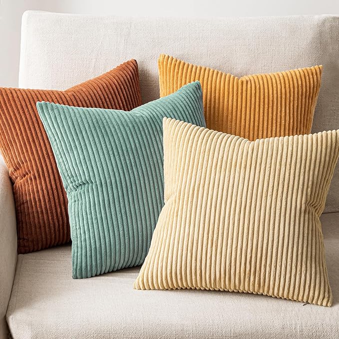 EMEMA Teal Orange Decorative Throw Pillow Covers 24x24 Inch Set of 4 Boho Farmhouse Corduroy Striped Square Pillow Case,Western Modern Cushion Covers for Couch Bed Livingroom Spring Home Decor