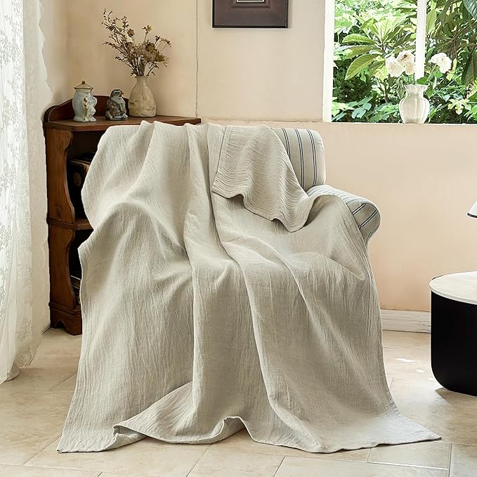 Simple&Opulence Linen Cotton Throw Blanket with Double Layered Folded Edge for Couch/Bed/Sofa/Gift, Natural Flax Solid Color Soft Breathable Cozy Farmhouse Home Décor - Linen, 50"x60"