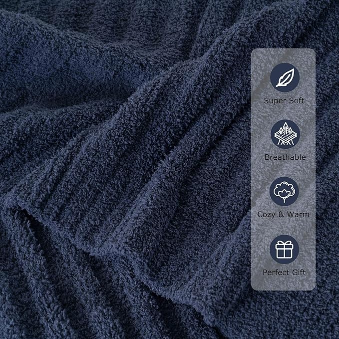 BATTILO Navy Blue Throw Blanket for Couch, Fluffy Cozy Knit Throws for All Season, Soft Warm Lightweight Blanket for Bed, Sofa, Home Decor, 50"x60"
