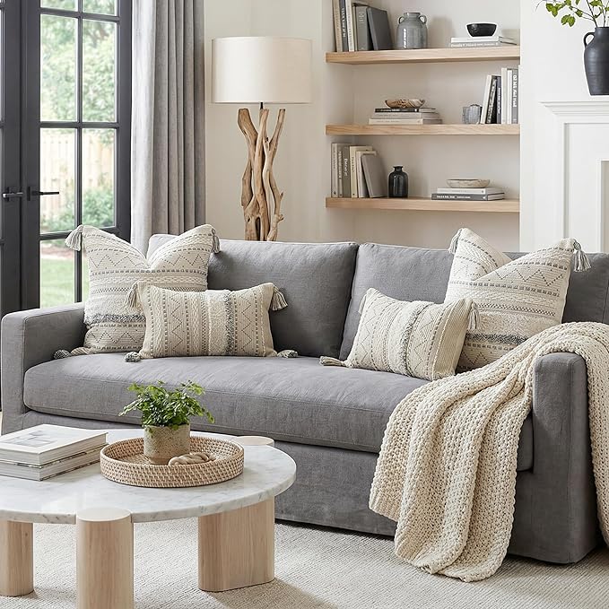 BlissBlush Gray Decorative Throw Pillow Covers 18X18 Combo Set of 2 Square Boho Neutral Grey Accent Pillowcase Tassels Farmhouse Cushion for Couch Sofa Bedroom Living Room Home Décor Cover ONLY