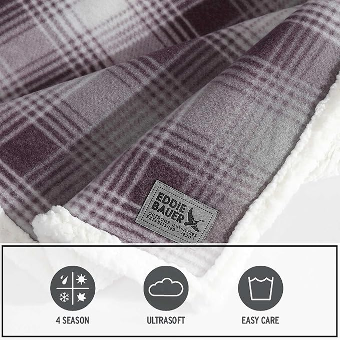 Eddie Bauer - Throw Blanket, Ultra-Soft Sherpa & Reversible Bedding for Year Round Comfort, Throw Blanket for Couch or Bed (Nordic Plaid Purple, 50" x 70")