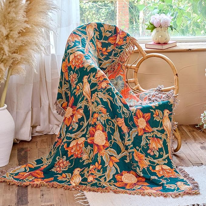 Boho Throw Blanket 50"x60" 100% Cotton Couch Blanket, Breathable Lightweight Spring Decorative Reversible Blankets with Fringe for Sofa Chair Bed Vintage Decor