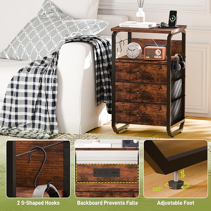 Bed Side Table with 3 Fabric Drawers, Night Stand with Charging Station, LED Nightstand with Hooks, Bedside Table End Table with Storage, Night Table for Living Room, Bedroom (Rustic Brown)
