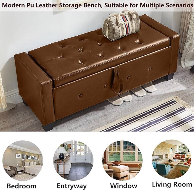 48" PU Leather Storage Ottoman Bench for Bedroom Bed End,Tufted Faux Leather Ottomans with Storage for Living Room,Bedside,Entryway,Modern Window Benches with Seating (PU Brown, 48")