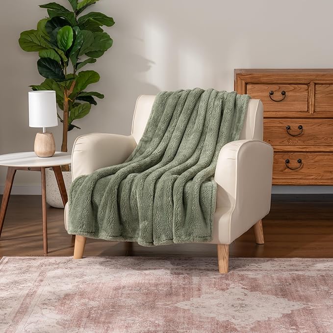 Berkshire Blanket Classic Extra-Fluffy™ Plush Throw Blanket, Soft Fuzzy Fluffy Long Hair Throw Blanket for Couch Sofa Bed, Dark Sage Green, 50x60 Inches