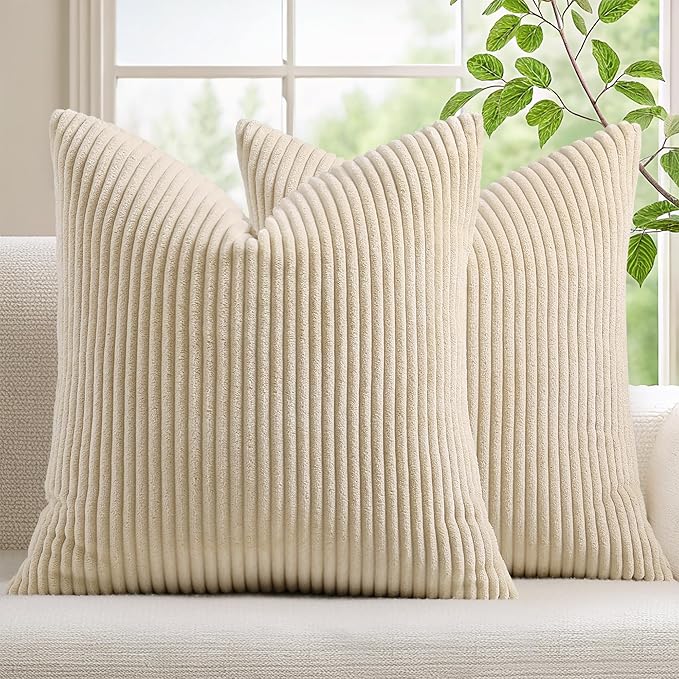 Mecatny Corduroy Decorative Throw Pillow Covers 22x22 Set of 2 for Sofa Living Room, Soft Neutral Boho Couch Pillow Covers for Home Decor, Beige