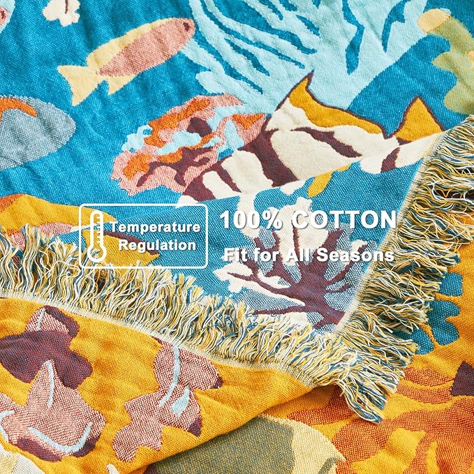 Throw Blanket for Couch Sofa 100% Cotton Blankets for Bedroom Living Room Spring Soft All Season Reversible Underwater Ocean Life Embroidery Throws Coastal Home Decor 50"x60"
