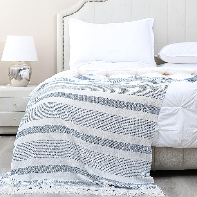 Decorative Blue White Striped Throw with Fringe, Soft Chenille Knitted Farmhouse Lightweight Blanket with Tassels for Couch Sofa Chair Bed Office Home Décor, Blue and Ivory, 50" x 60"