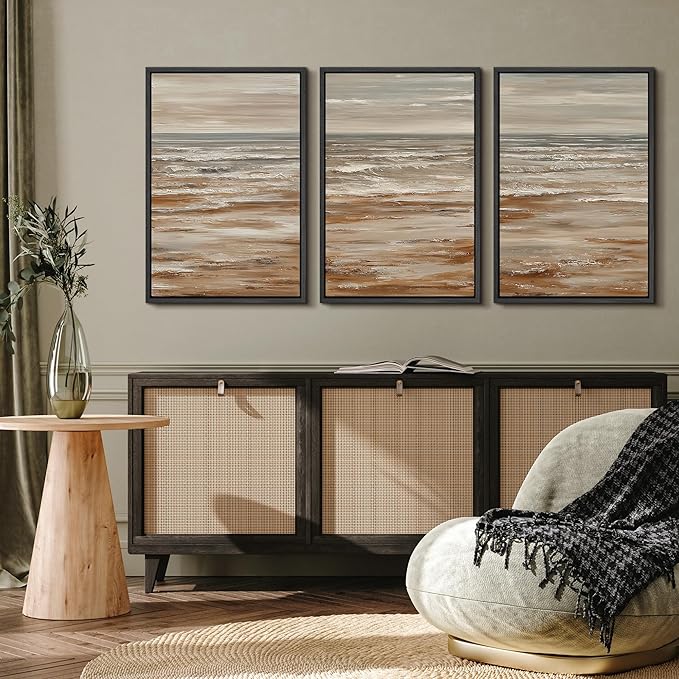 MUDECOR Framed Wall Art Print Set Neutral Coastal Seascape Minimalist Ocean Waves and Sandy Shore Illustrations Modern Art Boho Decorative for Living Room, Bedroom, Office - 16"x24"x3 BLACK