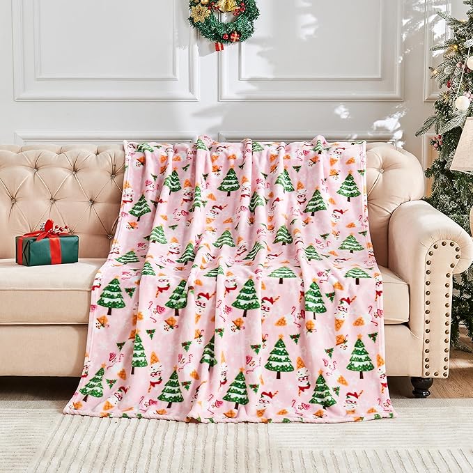 Christmas Blanket Soft Cozy Pink Christmas Throw Blankets with Holiday Themed Print for Couch Bed Home Decor, Fuzzy Warm Winter 50"x60" (Pink)