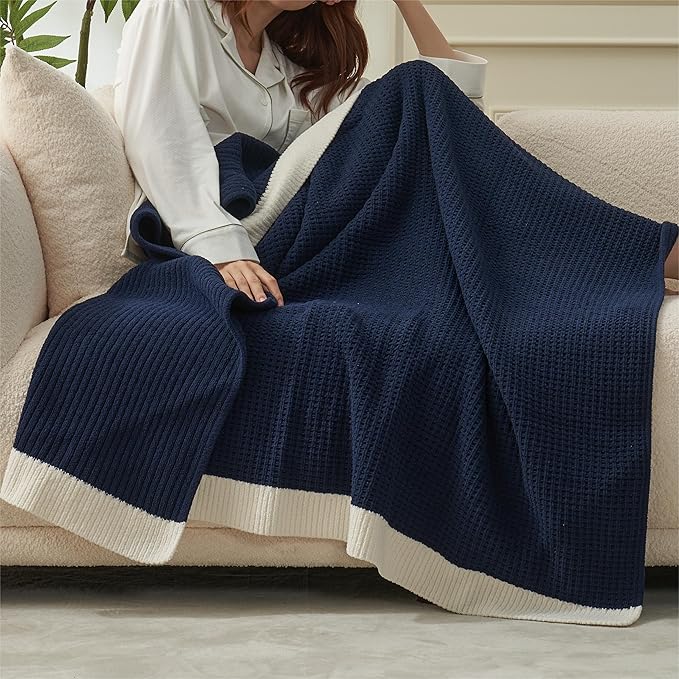 Amélie Home Waffle Throw Blanket for Couch, Soft Cozy Chenille Knit Blanket Warm Decorative Throw for Sofa, 50"x60", Navy Blue