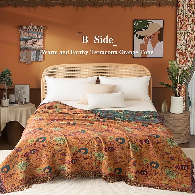 Boho Throw Blanket Full Size, Extra Large Soft Cozy Cotton Muslin Quilt Blanket for Bed Decor, Floral Patterned Couch Sofa Chair Cover, Vintage Farmhouse Cottage Woven Blanket, Green&Orange