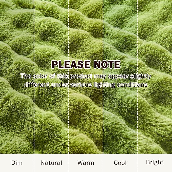EMME Faux Fur Blanket Queen Size Dark Green - Big Bubble Rabbit Cozy Blanket for Couch, Thick Furry Plush Shaggy Blankets, 650GSM, 90x90 Inches