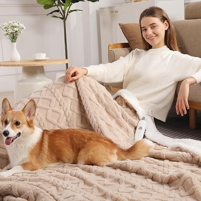 Heated Throw Blanket 50"x60" with 5 Heating Levels & 4 Hours Auto Off, Soft & Plush Sherpa Electric Blanket Throw with ETL & FCC Certification for Home Use, Machine Washable, Great Gift, Beige