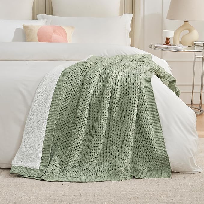 Amélie Home Reversible Waffle Weave Throw Blanket, Chenille Knit with Warm Sherpa, Soft Cozy Blanket for Couch, 50"x60", Sage Green