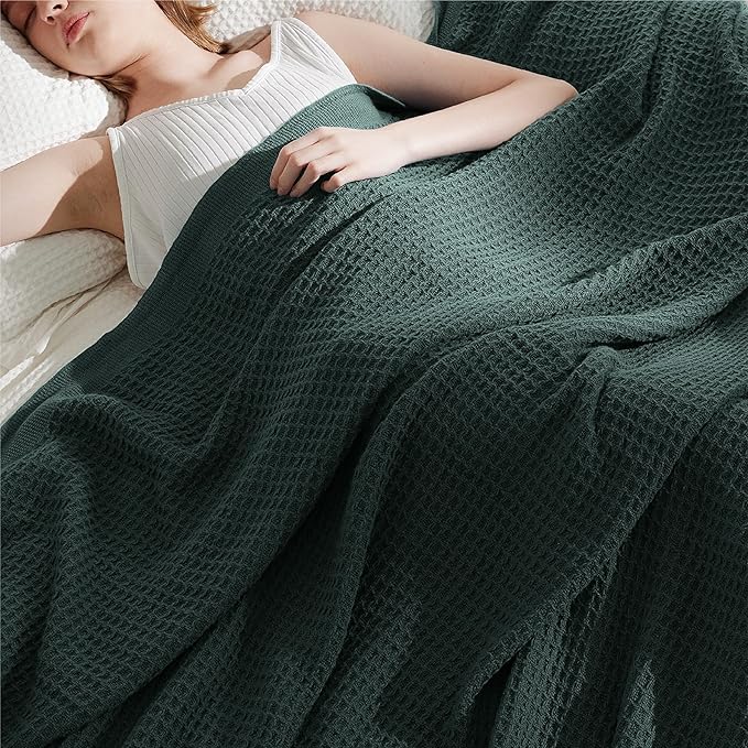 Bedsure Gentlesoft 100% Cotton Throw Blanket for Couch 50x70 inches - Breathable and Soft for Spring Summer, Waffle Weave Throw Blanket for Office, Dark Green