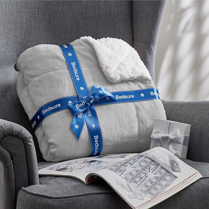 Bedsure GentleSoft Sherpa Fleece Blanket Queen Size for Bed, Non-Heated, Thick and Warm Throw for Women and Men, Soft Fuzzy Plush Queen Blanket for Winter, Light Grey, 90x90 Inches