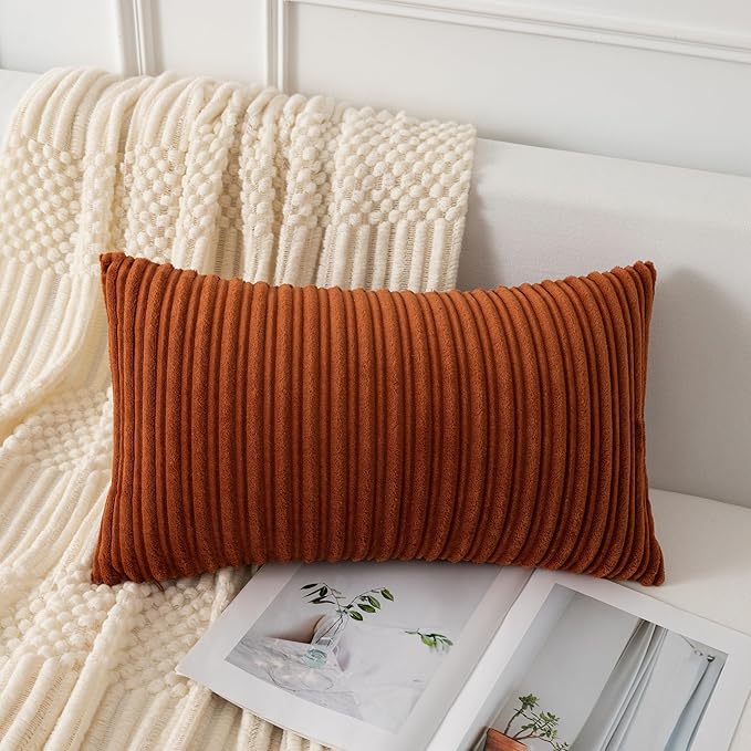 UGASA Fall Velvet 12x20 Inch Lumbar Soft Throw Pillow Cover Boho Farmhouse Decorative Corduroy Striped Both Sides Solid Rectangular Cushion Case for Couch Bedroom Sofa Home, 1 Piece, Burnt Orange