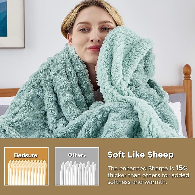 Bedsure Gentlesoft Sherpa Fleece Blanket Twin Size for Bed - Fluffy & Cozy Cable Jacquard Tufted for Women Gift, Thick and Warm Christmas Blanket for Winter, Sage Green, 60x80 Inches