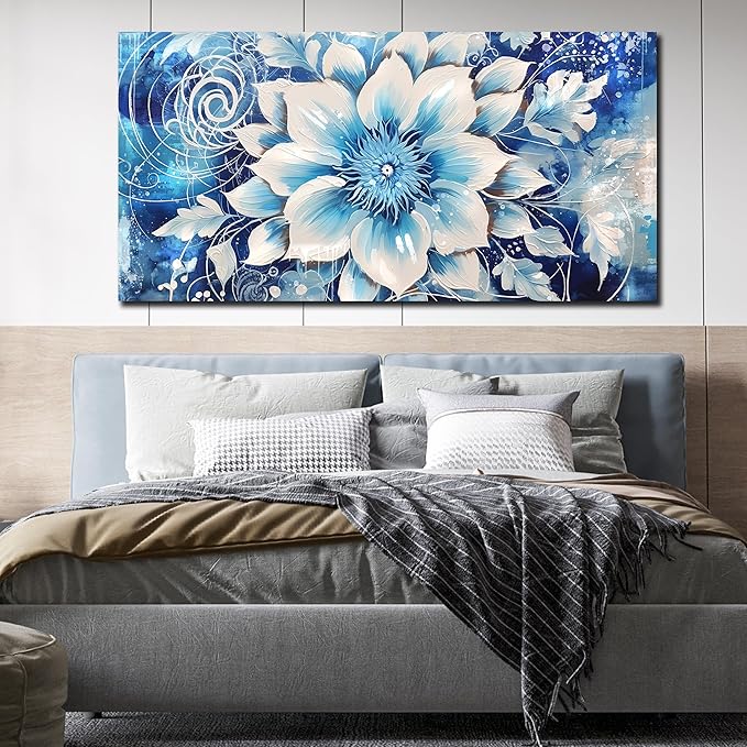 Xxliren Flower Wall Art for Living Room Large Size Office Blue Floral Wall Art Prints Ready To Hang Size 60 x 30 Inch