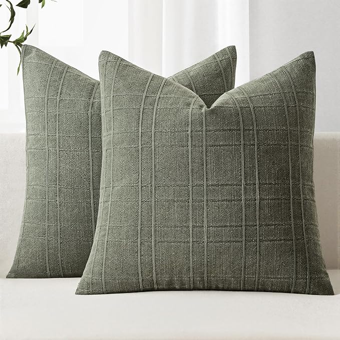 MIULEE Decorative Linen Check Euro Shams Throw Pillow Covers Neutral Farmhouse Vintage Spring Pillow Covers 22x22 Set of 2 Boho Modern Home Decor for Sofa Couch Bedroom Cushion Olive Green