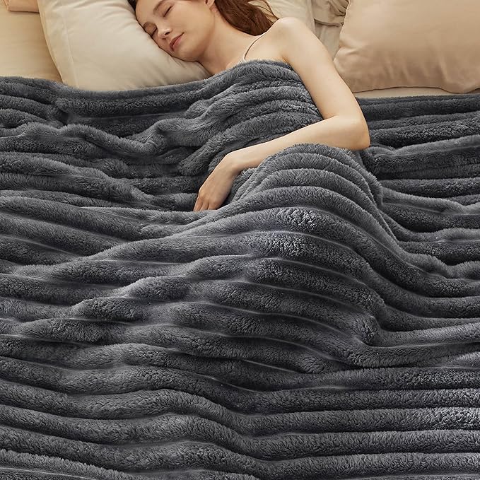 Bedsure King Size Blanket for Bed - 350GSM Super GentleSoft Fuzzy Fluffy Cozy Blankets for Women, Cute Large Plush Fleece Throws for Girls, Grey，108x90 Inches, Wider Striped Design