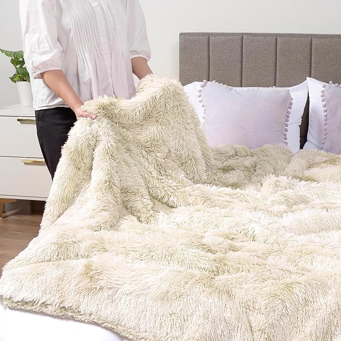 Pavilia Cream Beige Fluffy Bed Blanket, Queen Size, Fuzzy Plush Warm Large Blanket for Couch Sofa, Super Soft Thick Faux Fur Sherpa Blanket, 90x90