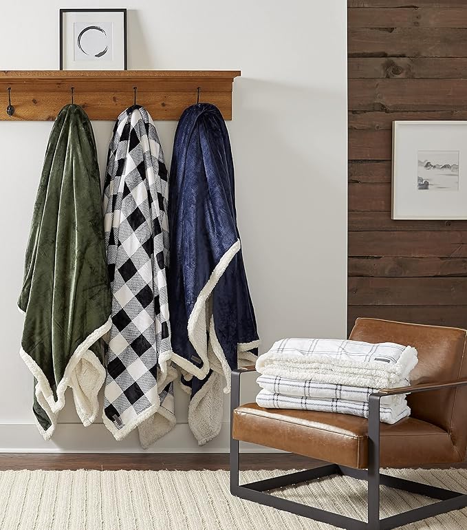 Eddie Bauer - King Size Blanket, Ultra-Soft Plush Bed Blanket with Faux Shearling Reverse, Throw Blanket for Couch & Bed (Vail Plaid Grey)
